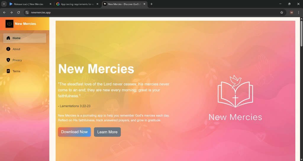 New Mercies app landing page